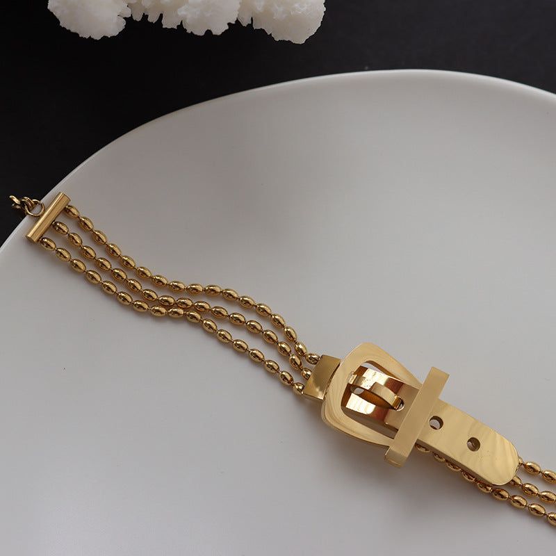 BRACELET - Stainless Steel Belt Shape Strap Charm Gold Bangle