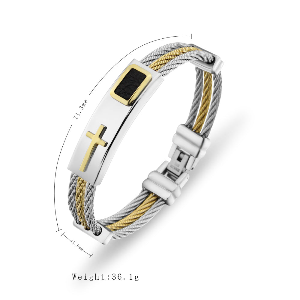 BRACELET -  Men's 3 Rows Wire Chain Bangles Stainless Steel Cross Christian
