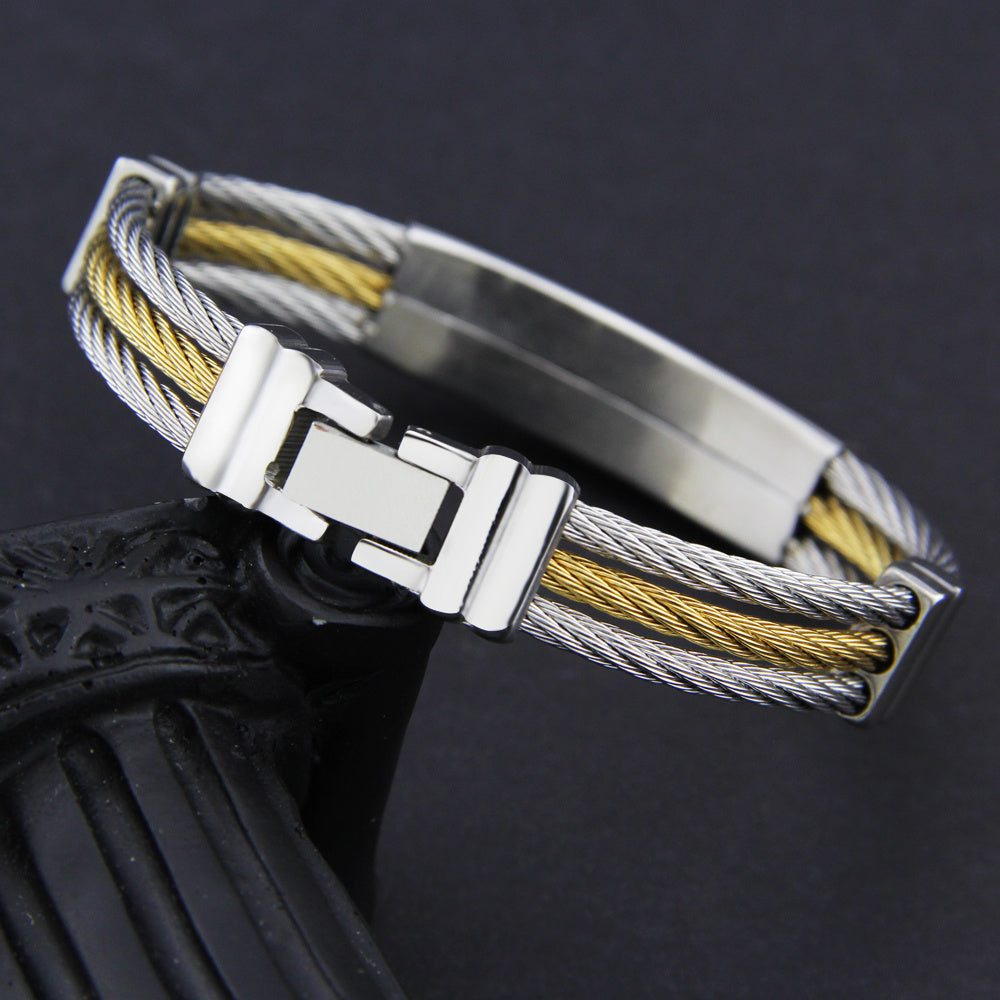 BRACELET -  Men's 3 Rows Wire Chain Bangles Stainless Steel Cross Christian