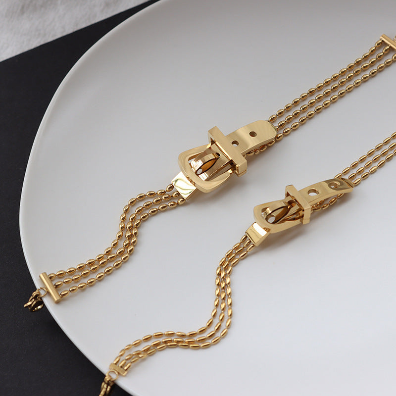 BRACELET - Stainless Steel Belt Shape Strap Charm Gold Bangle