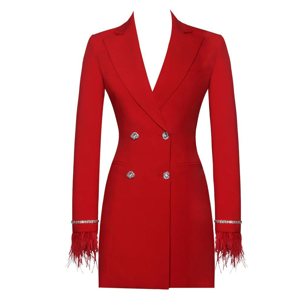 CARLY - Open Back Breasted Button Cuff Feather Blazer Dress