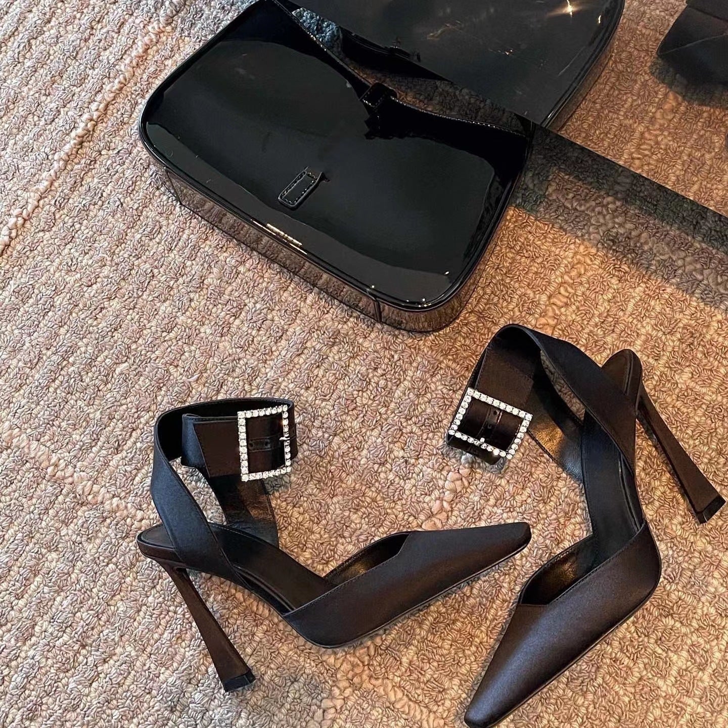 Elegant Black Satin Square-Heel High Heels