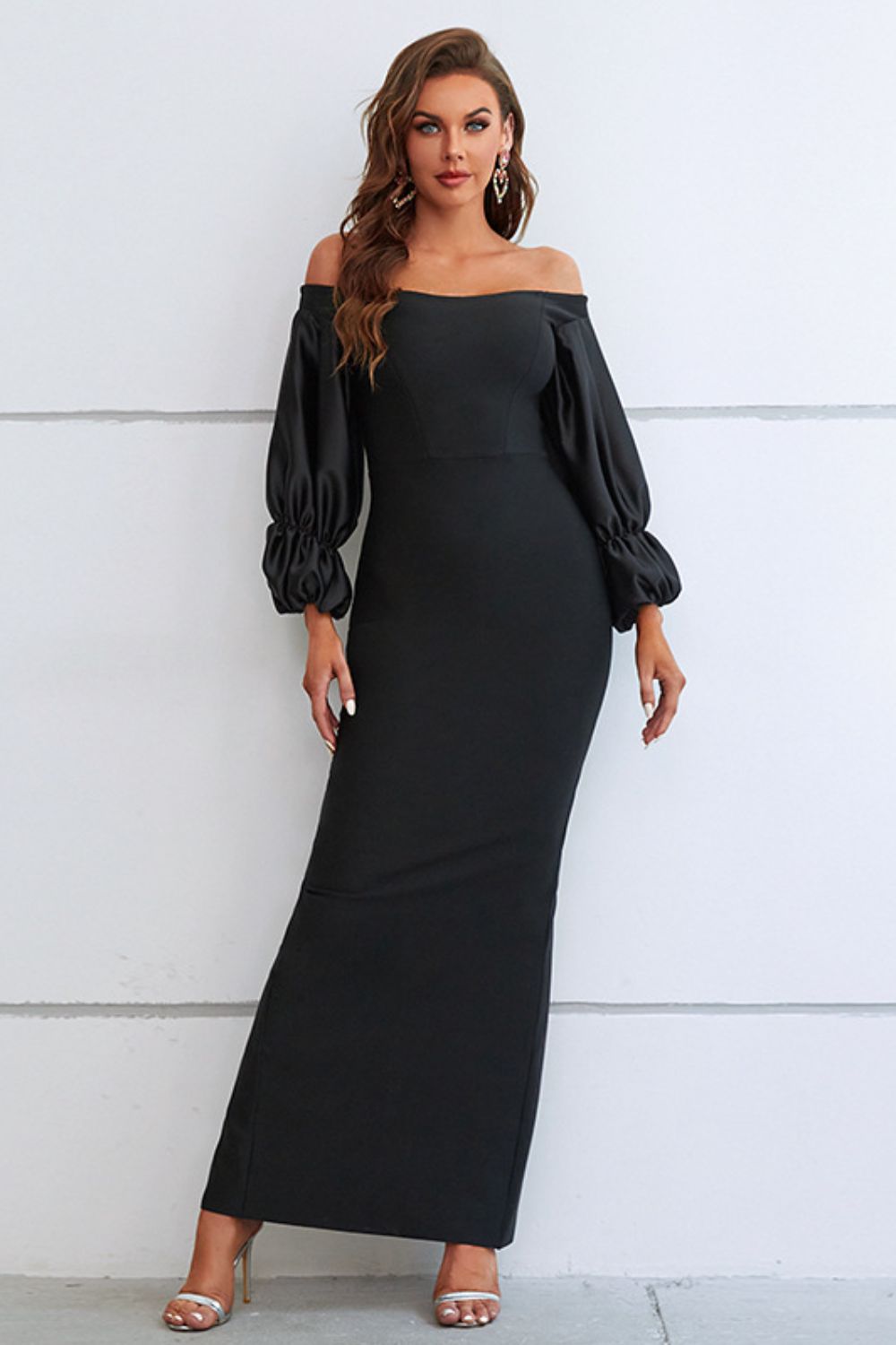 ORYNN - Off-Shoulder Bubble Sleeve Slit Dress