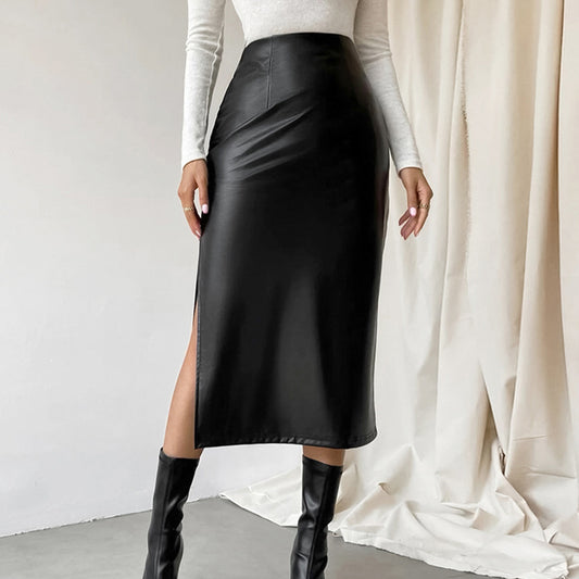 French Sheath PU Leather Autumn And Winter Black Slit Straight Skirt