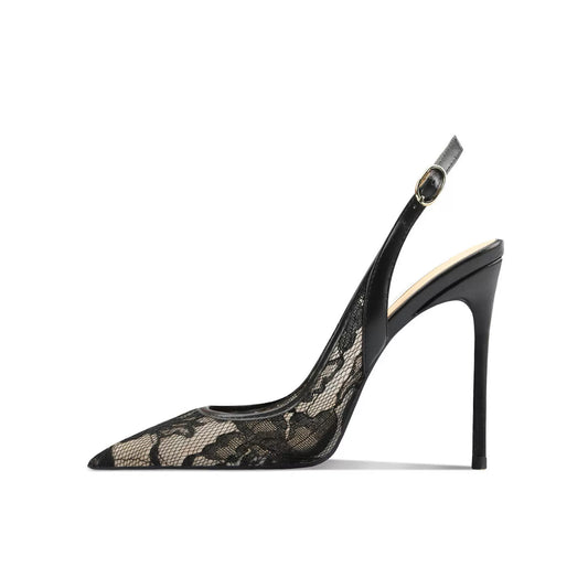 Lace Whisper Pointed Sandals in White & Black