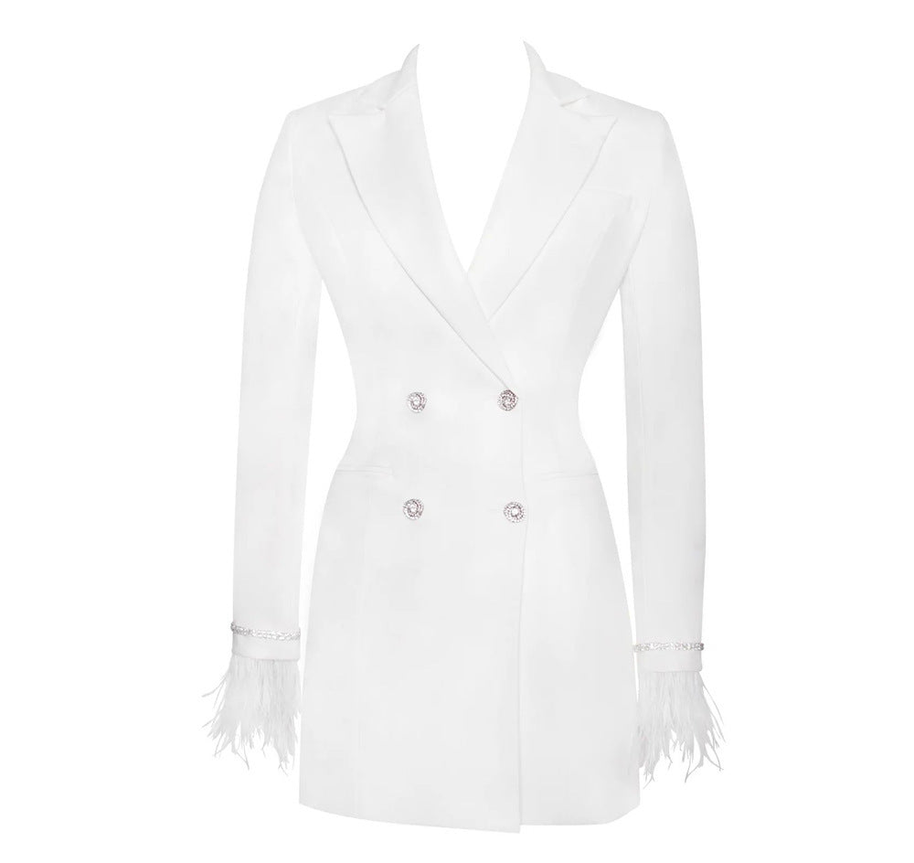 CARLY - Open Back Breasted Button Cuff Feather Blazer Dress