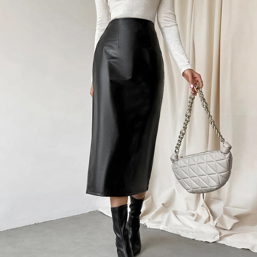 French Sheath PU Leather Autumn And Winter Black Slit Straight Skirt
