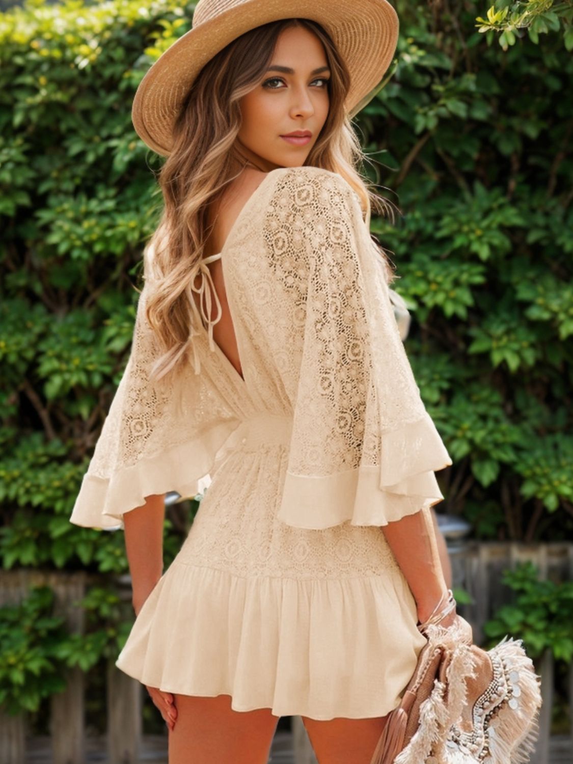 ANGELICA - Lace Cutout Surplice Dress