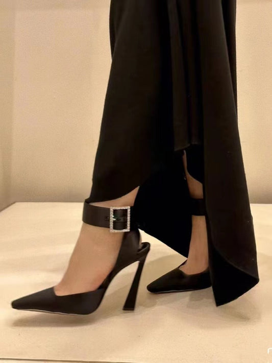 Elegant Black Satin Square-Heel High Heels