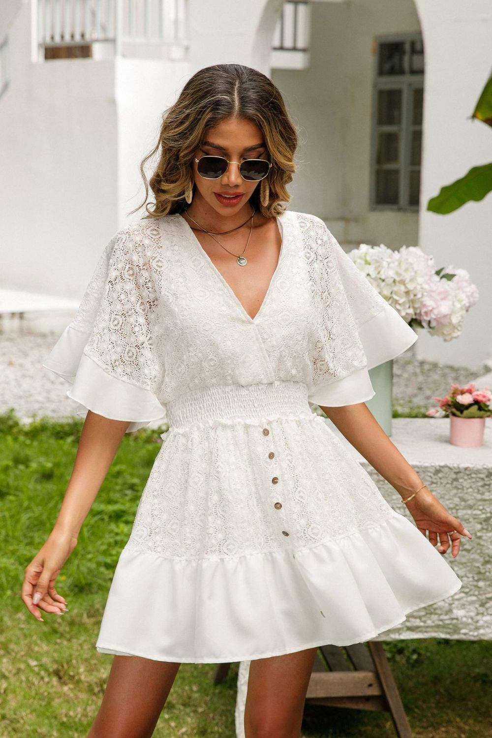 ANGELICA - Lace Cutout Surplice Dress