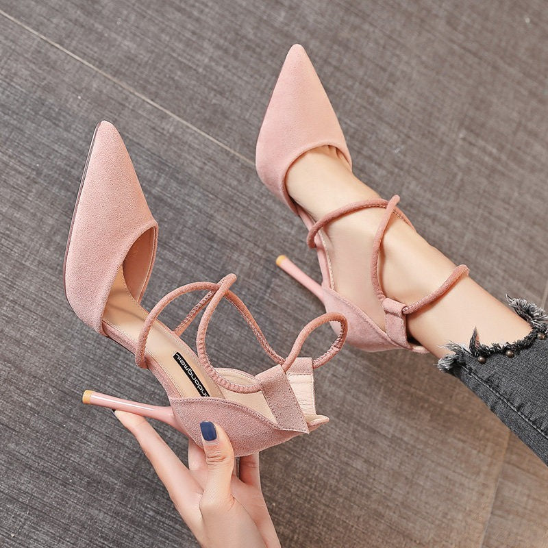 Elegant Suede Cross-Strap High Heels - Pink & Black