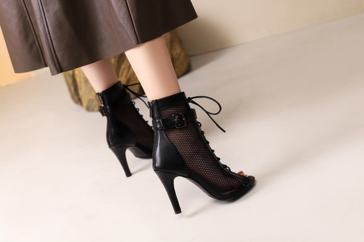 Chic Lace-Up Peep Toe Mesh Heels