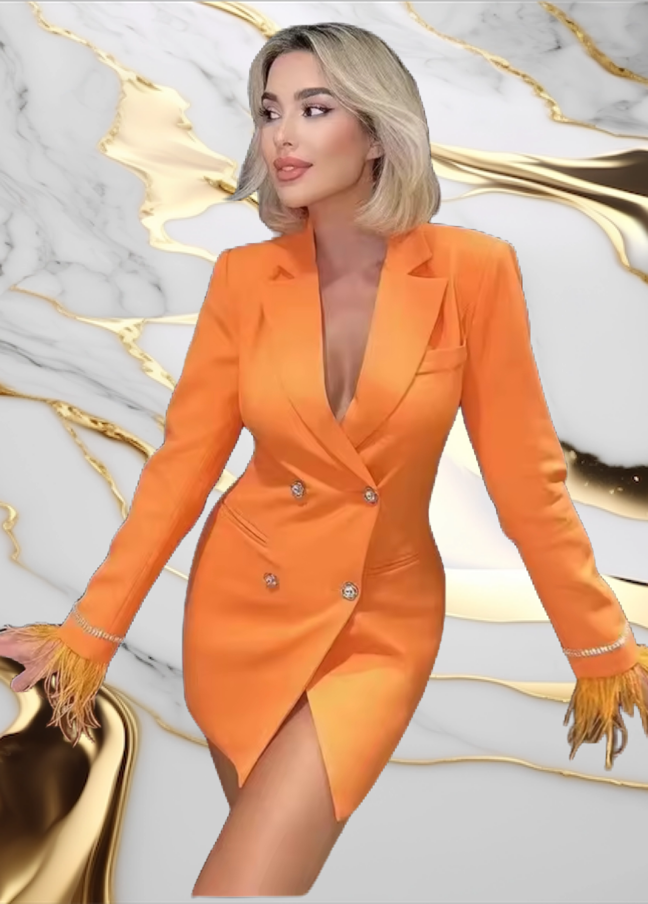 CARLY - Open Back Breasted Button Cuff Feather Blazer Dress