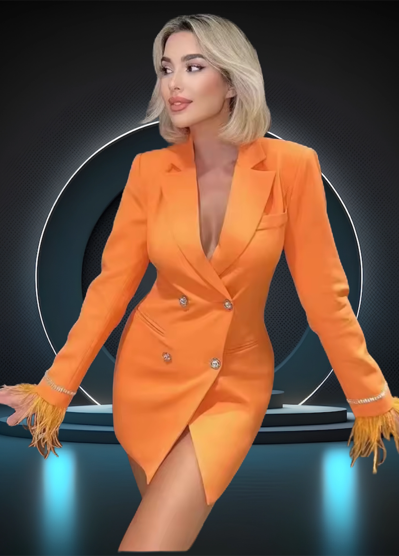 CARLY - Open Back Breasted Button Cuff Feather Blazer Dress