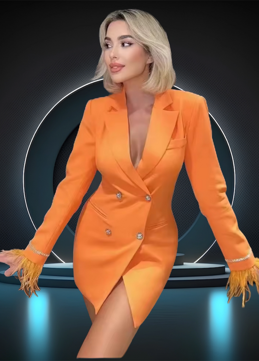 CARLY - Open Back Breasted Button Cuff Feather Blazer Dress