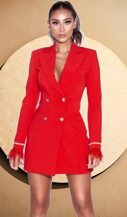 CARLY - Open Back Breasted Button Cuff Feather Blazer Dress