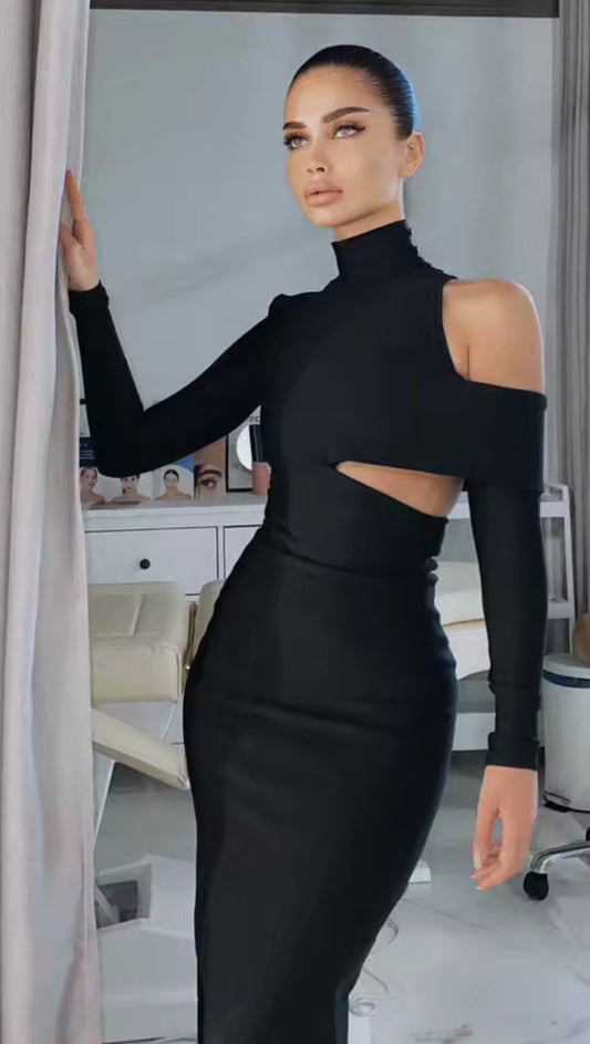 MELANNI - Turtleneck Off-the-shoulder Midi Dress