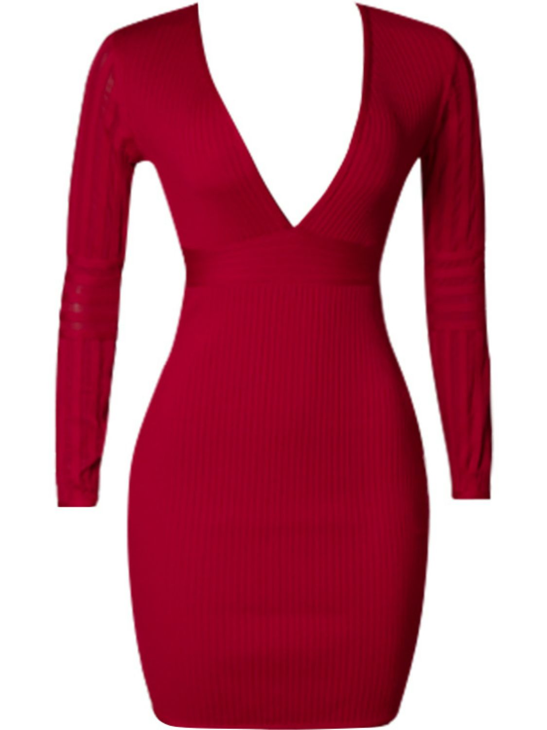FARRAH - Ribbed Deep V Long Sleeve Mini Bandage Dress