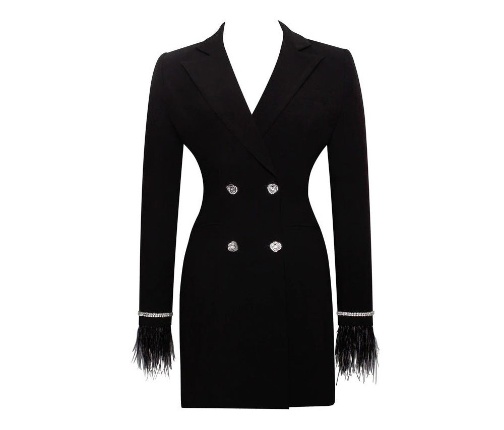 CARLY - Open Back Breasted Button Cuff Feather Blazer Dress
