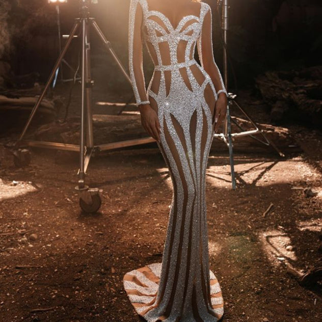 ASHA -  Sprinkled Gold Package Hip Fishtail Evening Dress