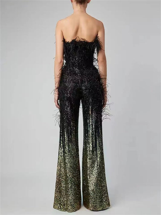 LESSIE - Ostrich Feather Gradient Sequin Tube Top Jumpsuit