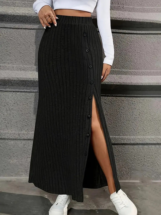 Knitted Sunken Stripe Slit Fastener Sheath Skirt