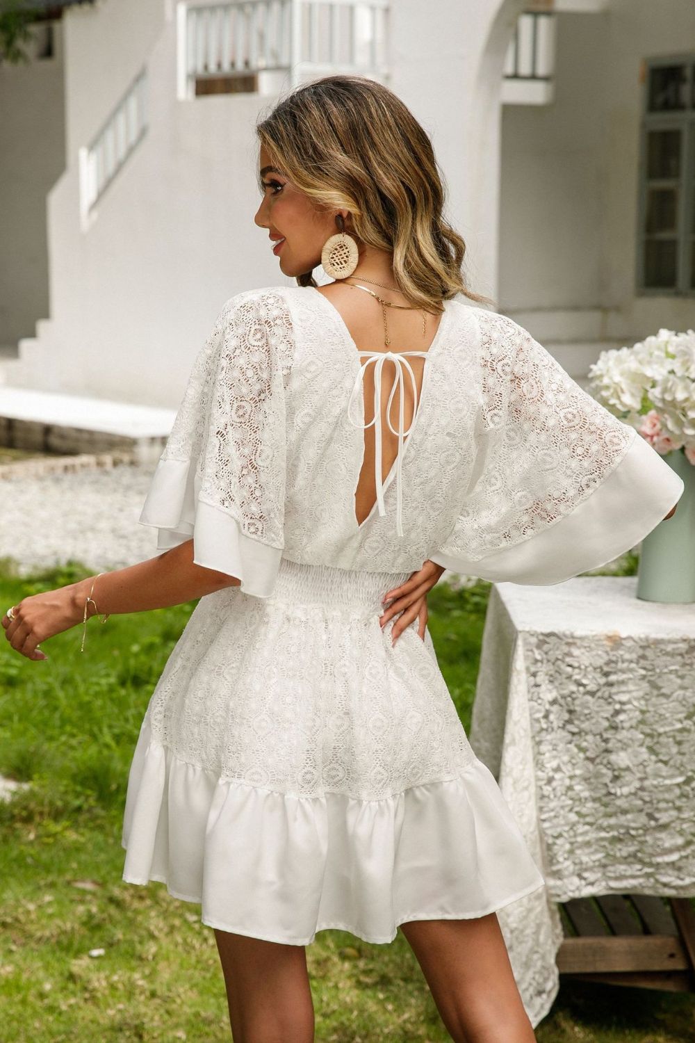 ANGELICA - Lace Cutout Surplice Dress