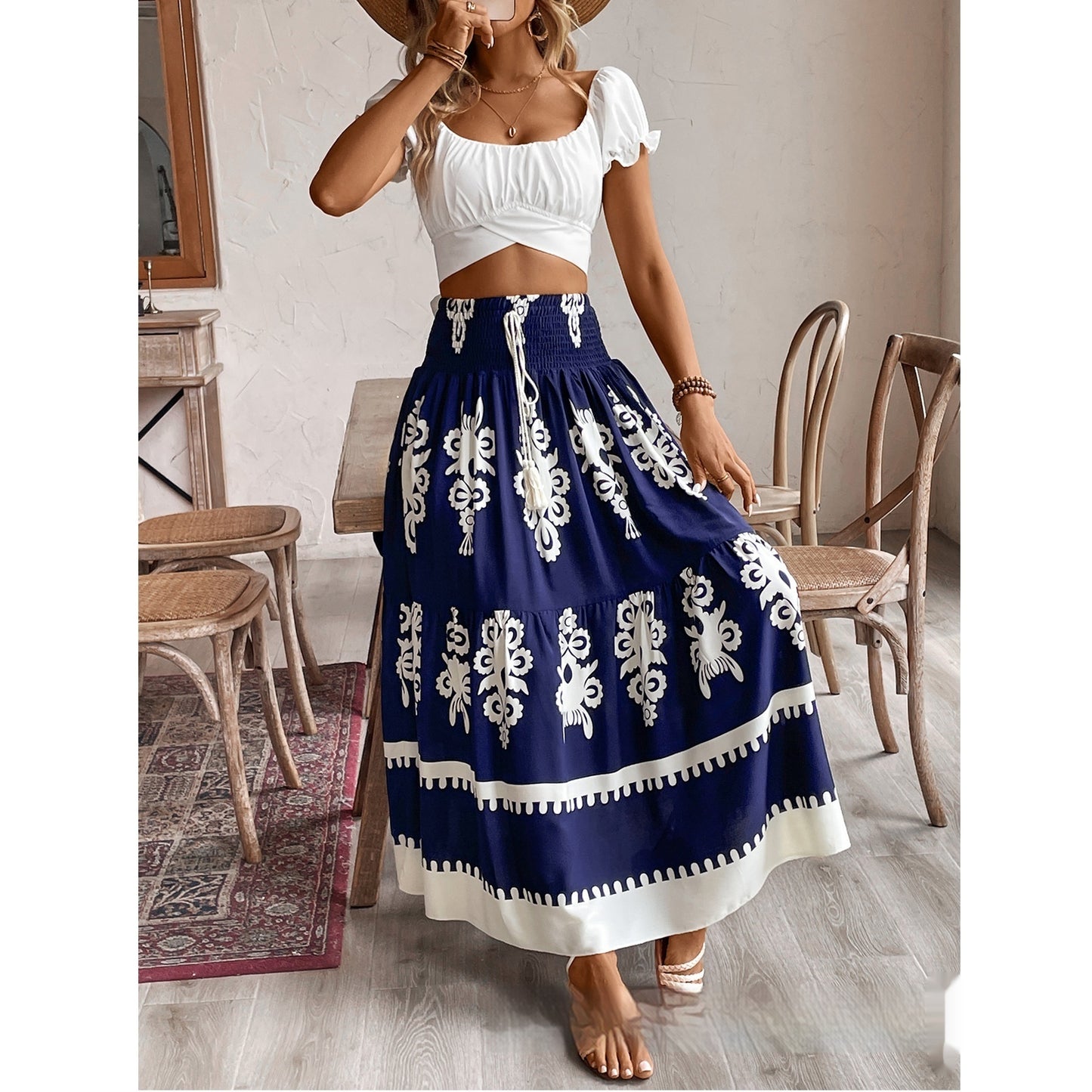 Positano Style Printed Waist Smocking Skirt