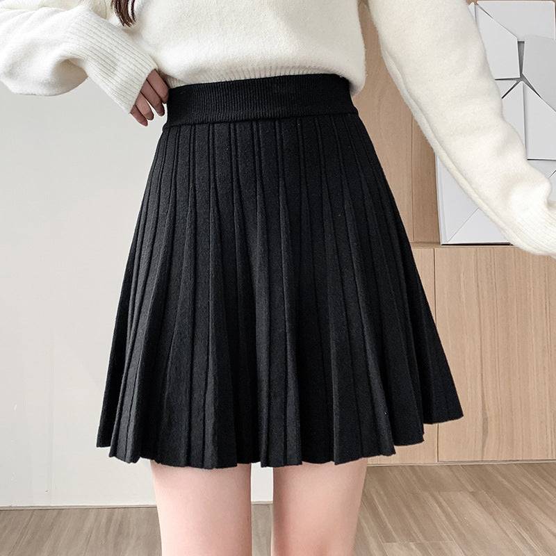 Knitted High Waist Slimming All-matching A- Line Pleated Half-length Wool Pettiskirt