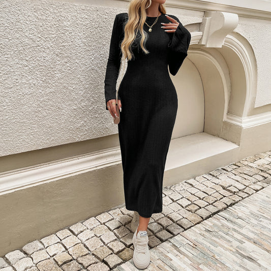 Bell Sleeve Solid Color Knitted Dress