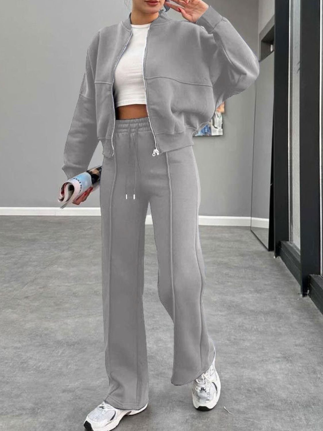 Collar Zip Up Outerwear Set