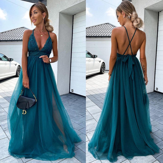 FIONA - Mesh Deep V Dress Long Dress