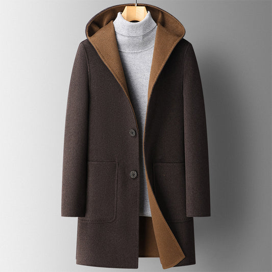 Fall Winter Hooded Double-sided Wear Wool Overcoat Mid-length