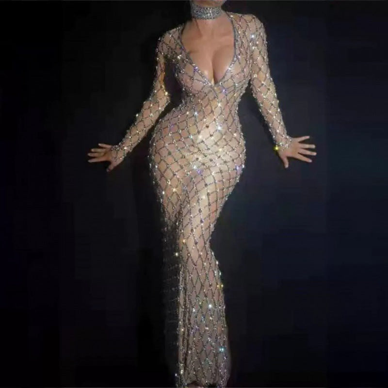 SELENA -  Crystals Hollow Out See-through Cinched Bodycon Long Dress