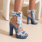 Denim Fishmouth Chunky Heel Zip Sandal Boots