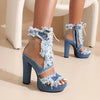 Denim Fishmouth Chunky Heel Zip Sandal Boots