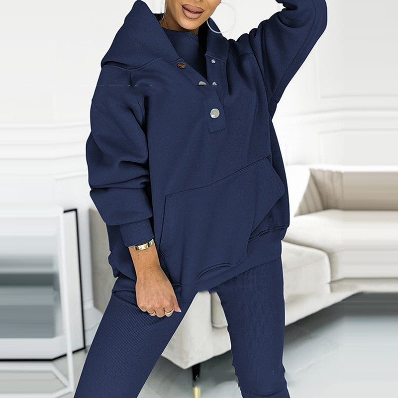 3pcs Sports Suit Loose Hooded Pockets Sweatshirt And Vest And Slim Trousers