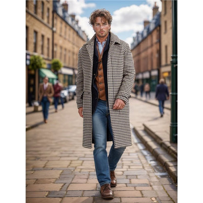 Classic Mid-length Woolen Coat Houndstooth Quilted