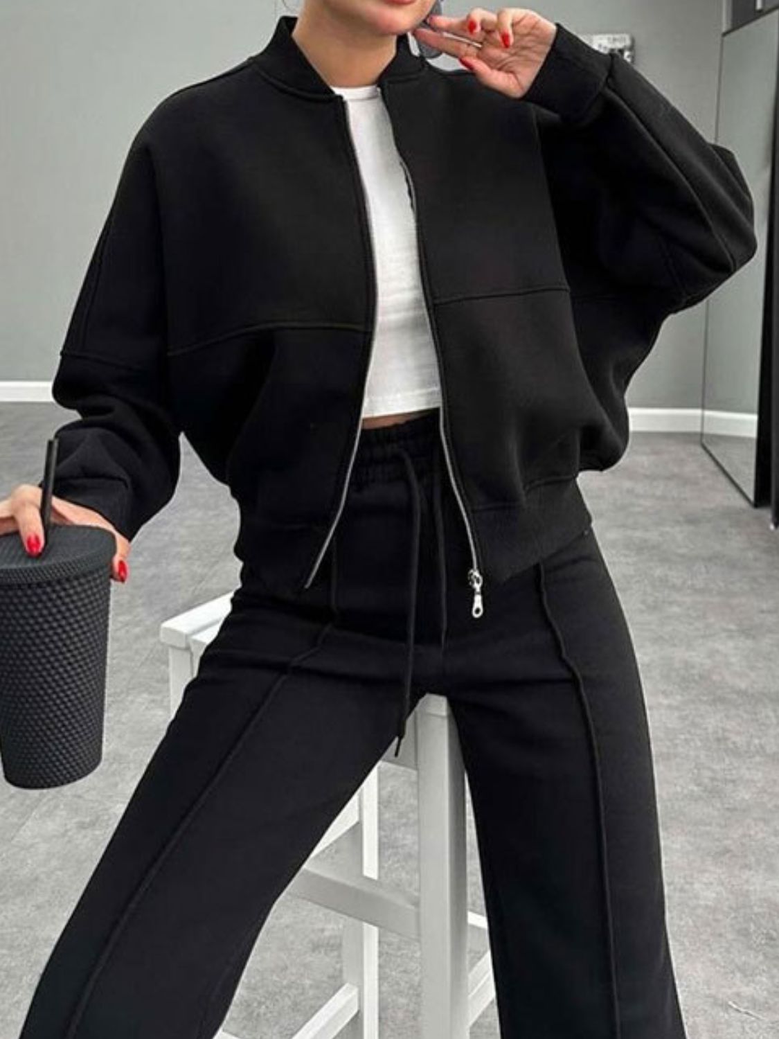Collar Zip Up Outerwear Set