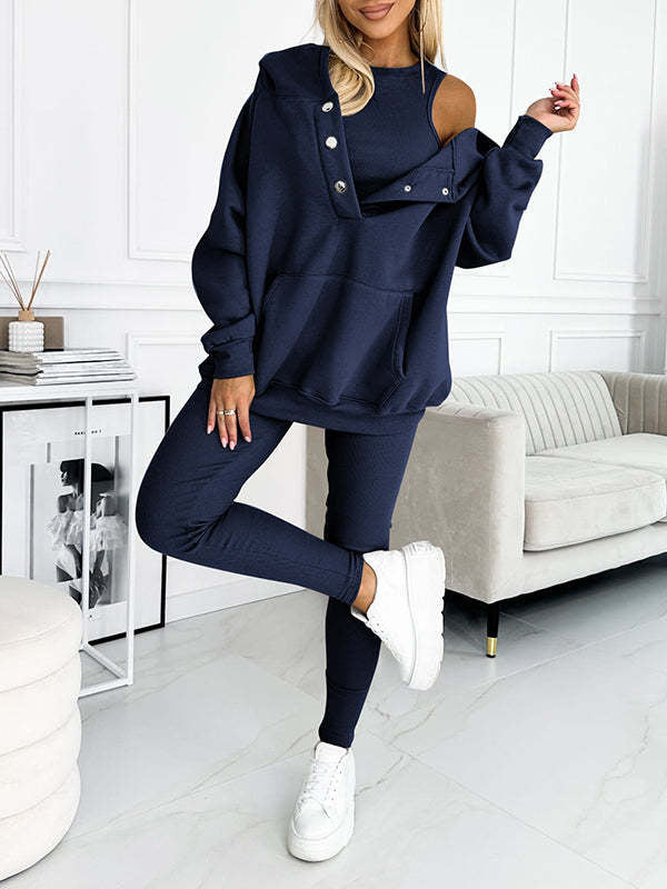 3pcs Sports Suit Loose Hooded Pockets Sweatshirt And Vest And Slim Trousers