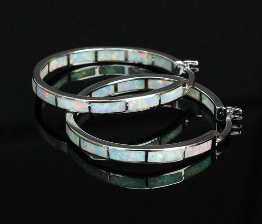 EARRINGS - Blue and White Fire Opal Hoops
