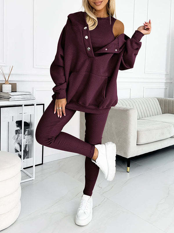 3pcs Sports Suit Loose Hooded Pockets Sweatshirt And Vest And Slim Trousers