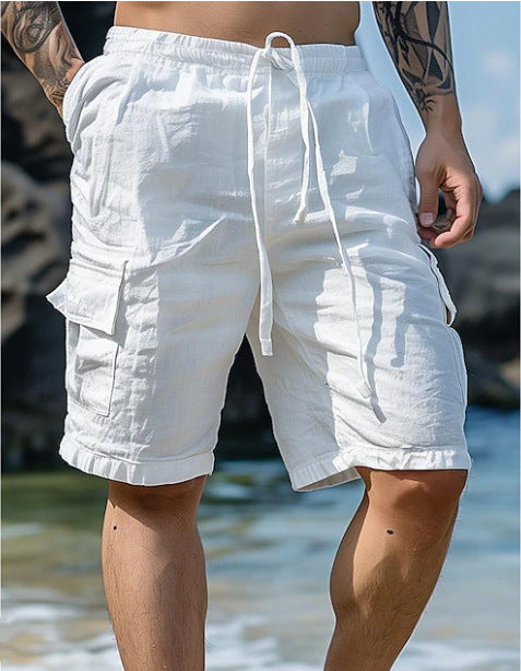 Cotton Linen Drawstring Elastic Waist Breathable Beach Shorts