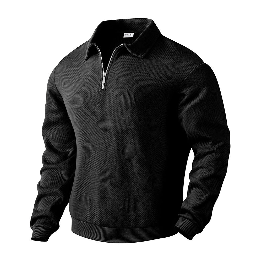 Lapel Jacquard Half-zipper Sweatshirt Solid Color Long-sleeved