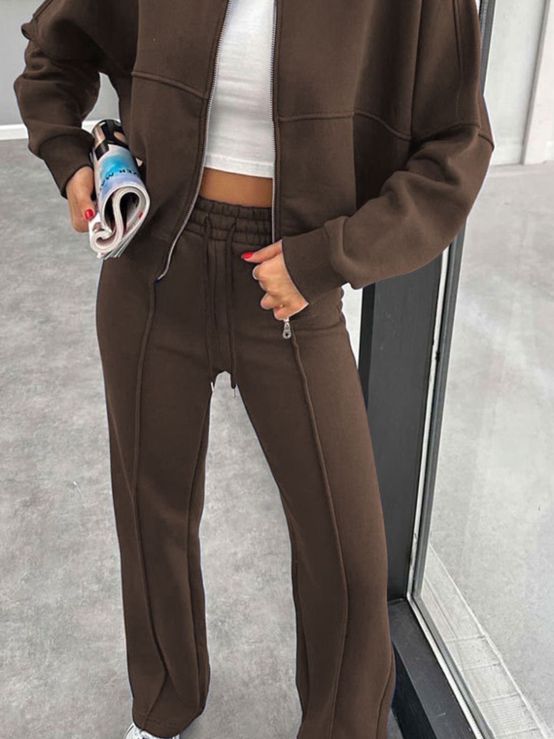 Collar Zip Up Outerwear Set
