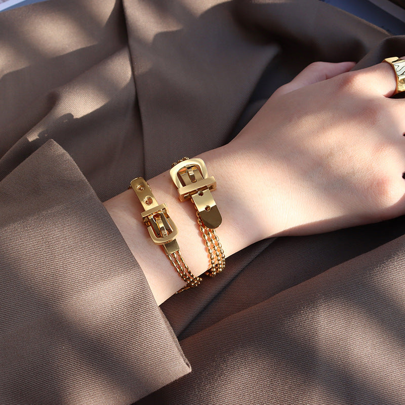 BRACELET - Stainless Steel Belt Shape Strap Charm Gold Bangle