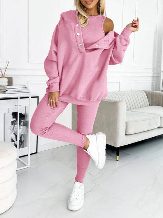 3pcs Sports Suit Loose Hooded Pockets Sweatshirt And Vest And Slim Trousers