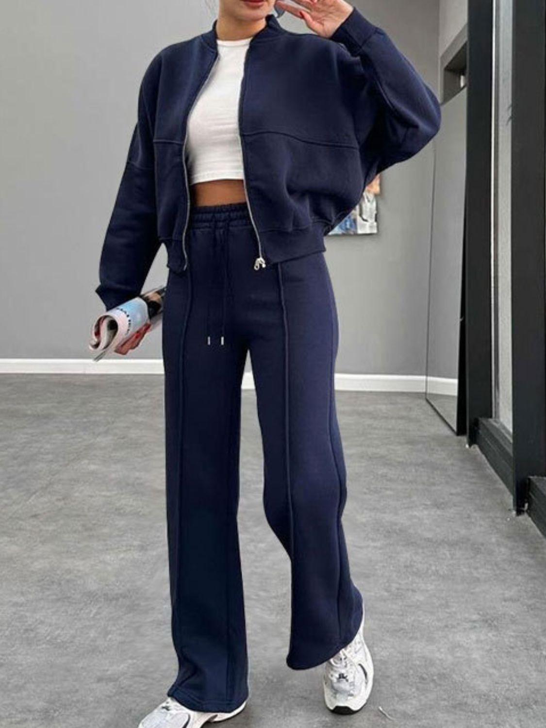 Collar Zip Up Outerwear Set