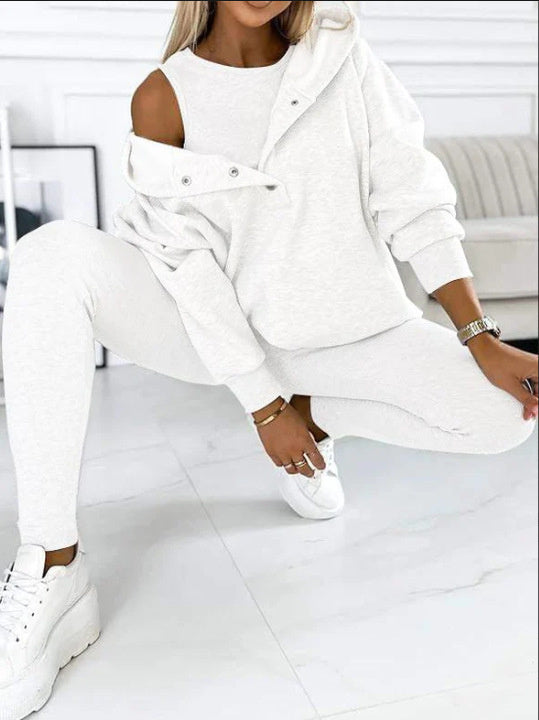 3pcs Sports Suit Loose Hooded Pockets Sweatshirt And Vest And Slim Trousers