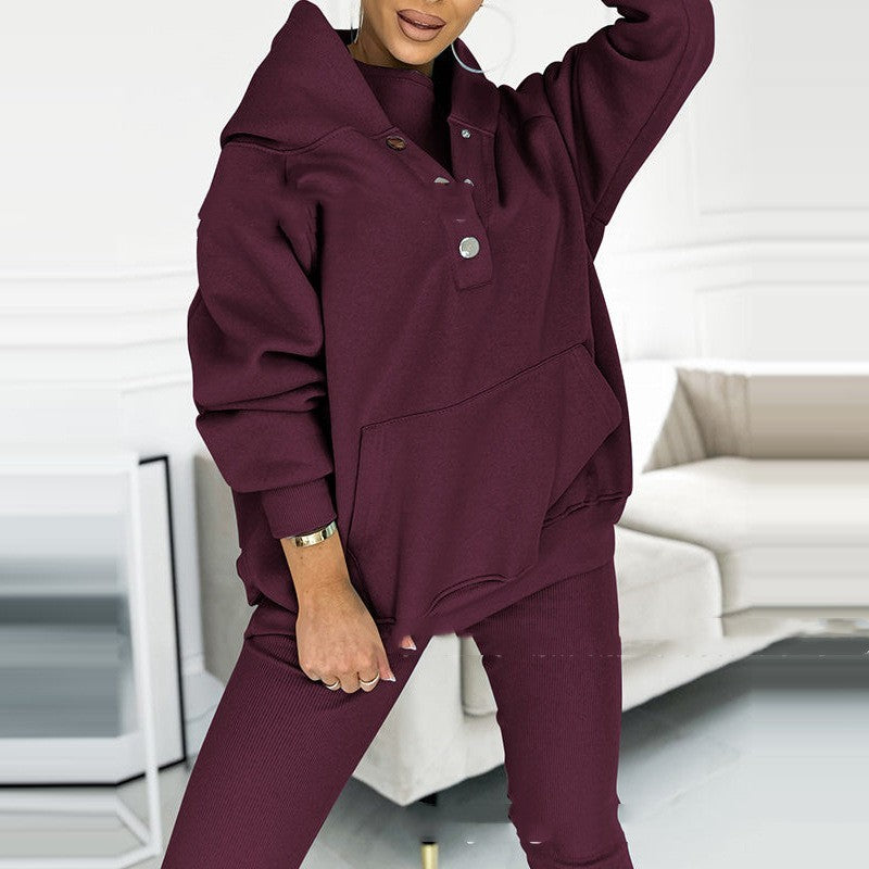 3pcs Sports Suit Loose Hooded Pockets Sweatshirt And Vest And Slim Trousers